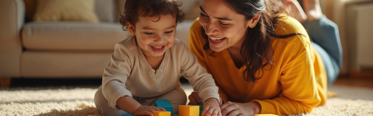 young child playing  with coloured blocks while a guardian / parent supervises